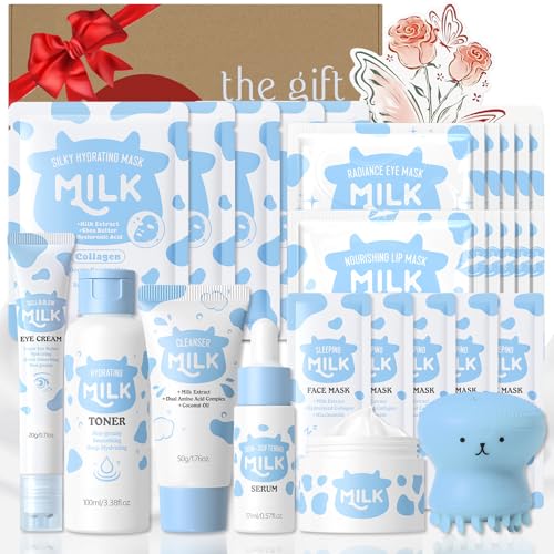 Milk Skincare Set 26Pcs Face Mask Care Kits with Niacinamide & Collagen for Hydrating & Nourishing Christmas Birthday Pamper Gift for Women Teenage Girls Friend Wife Travel TSA-friendly Sized