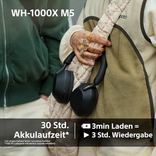 Sony WH-1000XM5 inkl. Hardcase, Kabelloser Premium-Kopfhörer mit Noise Cancelling, Bluetooth, kristallklare Anrufqualität, Hi-Res-Audio, bis zu 30 Std Akkulaufzeit, iOS & Android - Schwarz