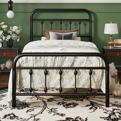 SHA CERLIN Twin Size Metal Platform Bed Frame with Victorian Style Iron-Art Headboard and Footboard...