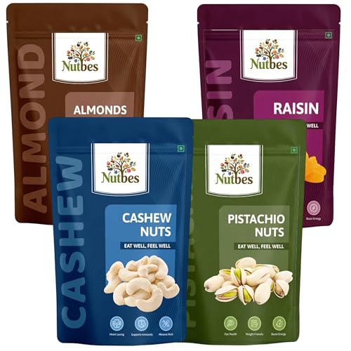Image of NUTBES Dry Fruits Combo Pack - Fresh Almonds (Badam), Cashews (Kaju), Roasted Pistachios (Pista), Raisins (Kishmish) | Nutritious Healthy Snacks, Premium Gift Pack (200g Each - Pack of 4)