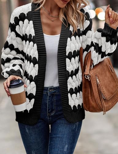 Image of Arssm Womens Oversized Chunky Cardigan Sweaters Open Front Striped Color Block Cable Knit Fall Winter Sweater Coats(White-L)