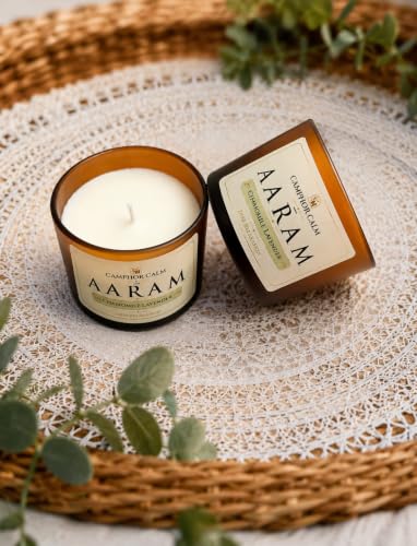 Image of Aaram | Camphor Infused Soy Wax Scented Candle | Chamomile & Lavender Fragrance | Premium Aromatherapy Candle | Home Fragrance