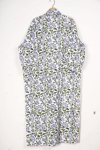 Image of Generic Cotton Hand Block Print Kimono Robes for Women, Long Length Floral Print Nightgown, Bikani cover- up cotton kimono (Cotton, White,Blue, Green)