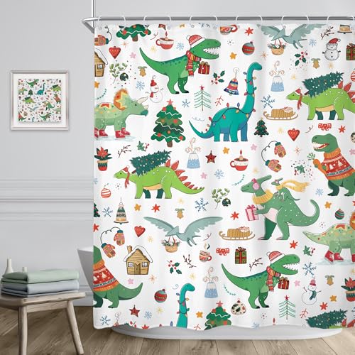 Image of Dinosaur Christmas Green Dino Cartoon Animals Bathroom Shower Curtain Set