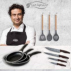 Sartenes Navy Black San Ignacio San Ignacio sartenes Navy Black 16/20/24 cms. al. Prensado, inducción, 4 Cuchillos, Acero Inoxidable, con Set 3 Utensilios de Cocina, Nylon, Aluminio, Negro