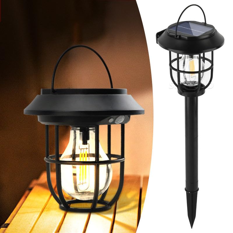 Solar Garden Light with Motion Sensor, Vintage Cage Style, Tungsten Filament Bulb, Ground Stake or Hanging, Black-image-1