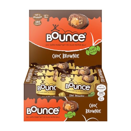 Bounce Chocolate Brownie Vegan Protein Balls - Chocolate Coated Peanut Butter Filled High Protein Snack Low Calorie & Gluten Free - 12 Pack