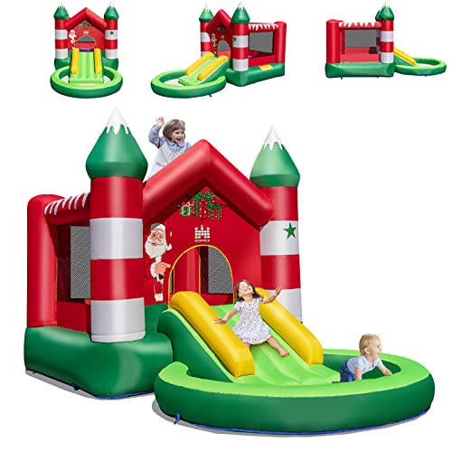 COSTWAY Château Gonflable avec Toboggan pour Enfants 3-10 Ans Thème de Noël, Aire de Jeux avec Trampoline, Piscine Rondes à Balles Mur en Maille Ventilée, Charge 135KG (sans Souffleur)…