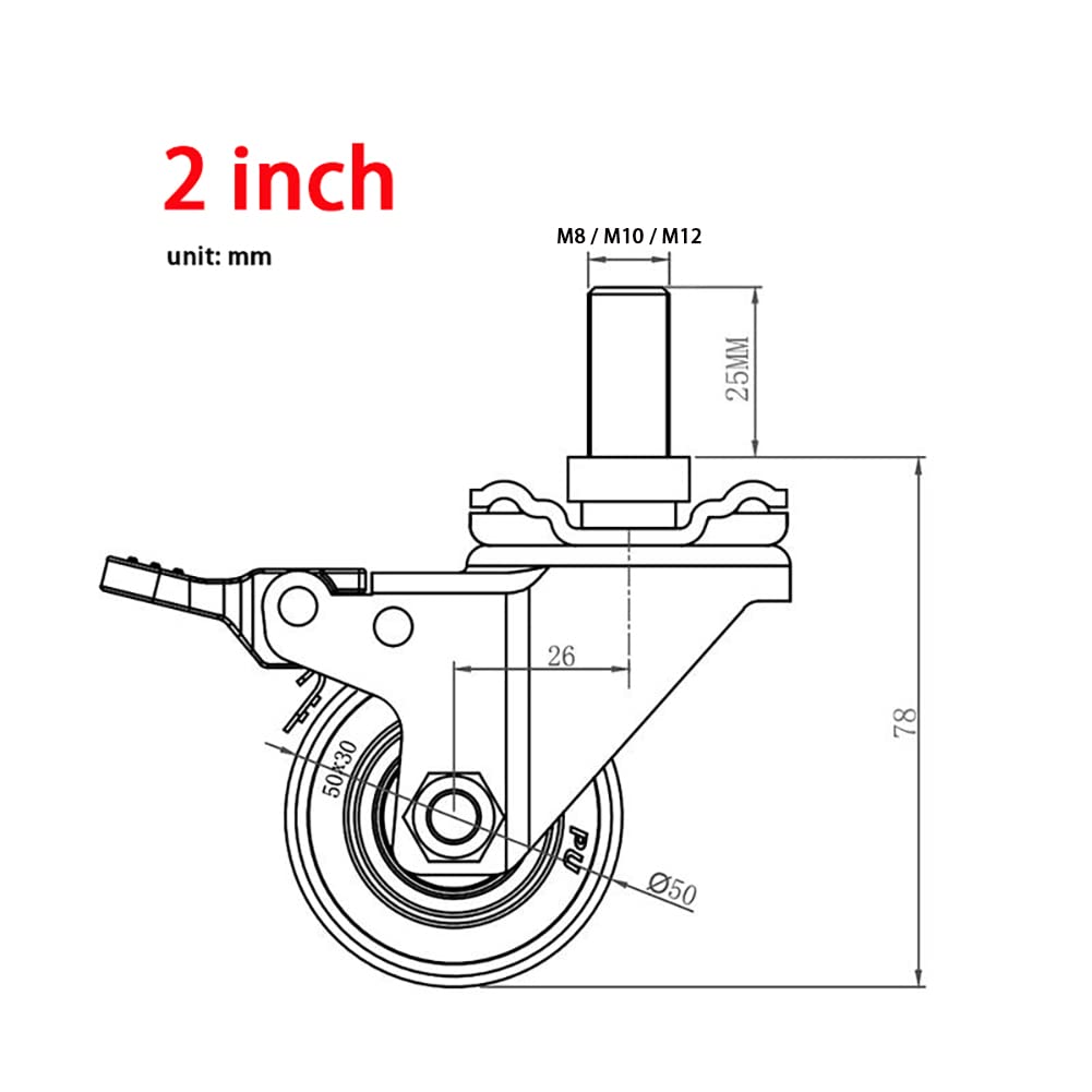 Industrielle Schwerlast-Rollen 1,5 Zoll (40 Mm) 2 Zoll (50mm) M8 / M10 / M12 Gewinde Doppeltes Lager Möbel-Rollen Mit Bremse Universal Schwenkbar Lenkrollen Tragfähigkeit 250-300KG