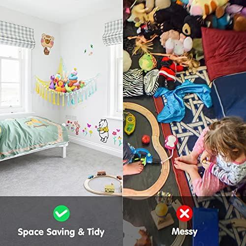 Weraher Toy Hammock Stuffed Animals Storage, Hanging Corner Mesh for Toy, Macrame Boho Teddy Bear Storage with LED Light for Boys Girls for Bedroom Nursery Playroom (colorful)