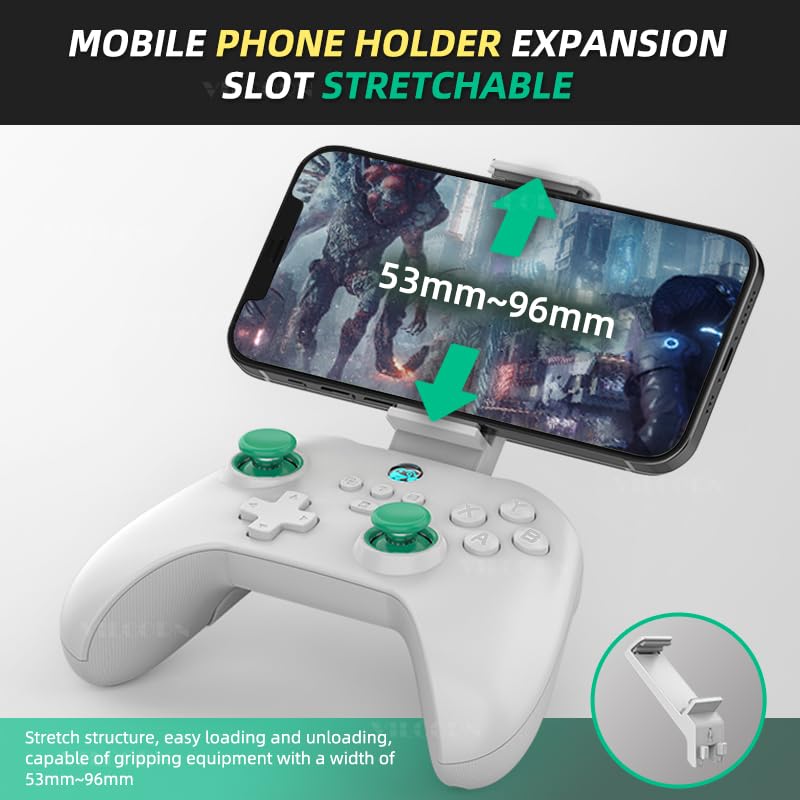 Image showing the stretchable mobile phone holder on the controller, indicating a width range of 53mm to 96mm.