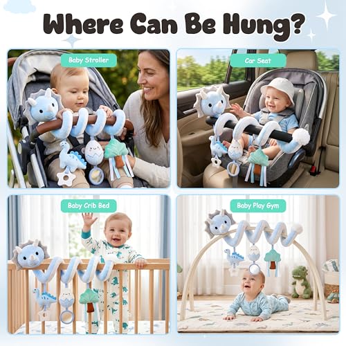 Image of Stuffed Dinosaur Spiral Car Seat Toys Hanging for Babies 0-3 3-6 6-12 Months, Plush Infant Stroller Toy with Silicone Teether, Crinkle and Squeaker, Soft Cute Shower Gifts for Newborn Boys Girls