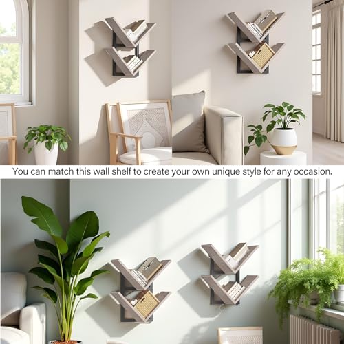 Image of HOOBRO Floating Shelves for Wall, Set of 2 Wall Mounted Shelves, 2-Tier Wooden Hanging Shelves Storage Racks, Tree Bookshelves, for Living Room, Bedroom, Office, Greige and Black BG55BJP201