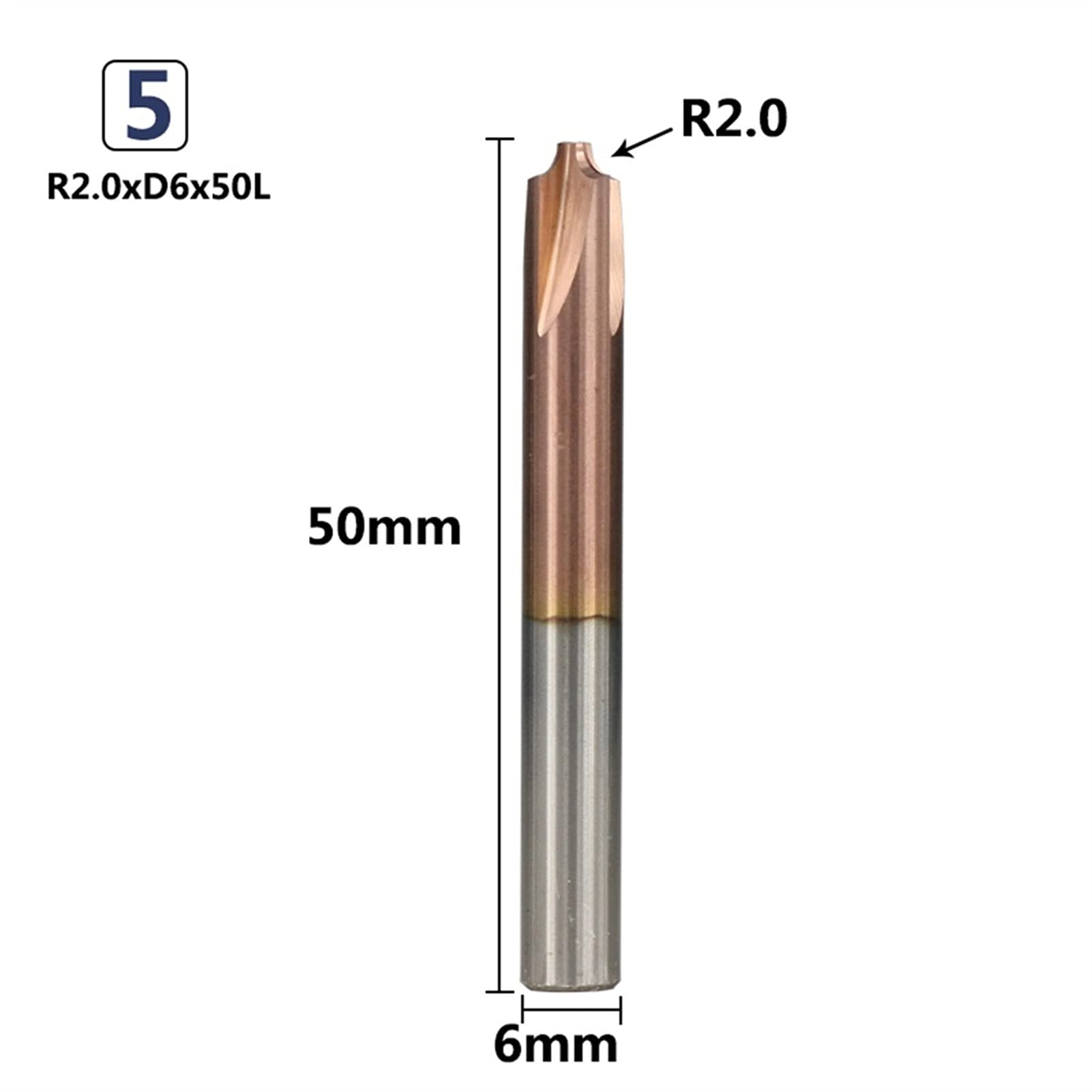 DINGGUANGHE-CUP Corner Rounding Milling Cutter Carbide End Mill R0.5-R5.0 CNC Machine Router Bit Steel (Cutting Edge Length : R2.0xD6x50L)