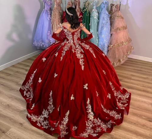 Gold Appliques Quinceanera Dresses with Butterfly Puffy Velvet Ball Gown for Sweet 15 16 YU0082