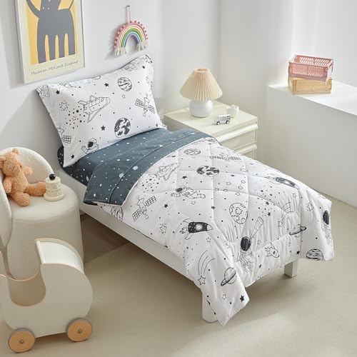 Image of DuShow 4 Piece Toddler Bedding Set for Boys,White Space Crib Bedding Sheets Set,Soft Toddler Comforter Set Bed in a Bag | Include Comforter,Flat Sheet,Fitted Sheet,Pillowcase