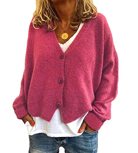 Onsoyours Damen Strickpulli Pullover Lose Lässige Strickjacken Strickenpullover Langarm V-Ausschnitt Einfarbig Knopf Offene Cardigan Frauen Casual Klein Mantel B Rosa M