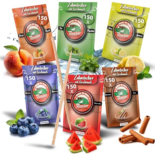 Stoxser 900x Zahnstocher mit Geschmack 6er Pack Pfirsich und Blaubeere und Zitrone/Lemon und Mint/Menthol Wassermelone/Zimt Geschmacksrevolution Zahnstocher Geschmack Kein Kaugummi Zuckerfrei