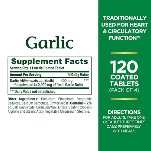 Nature's Bounty Garlic Tablets, Heart Health, 2000 Mg, Order Free Coated Tablets, 120 Ct (Pack of 4) - Image 3