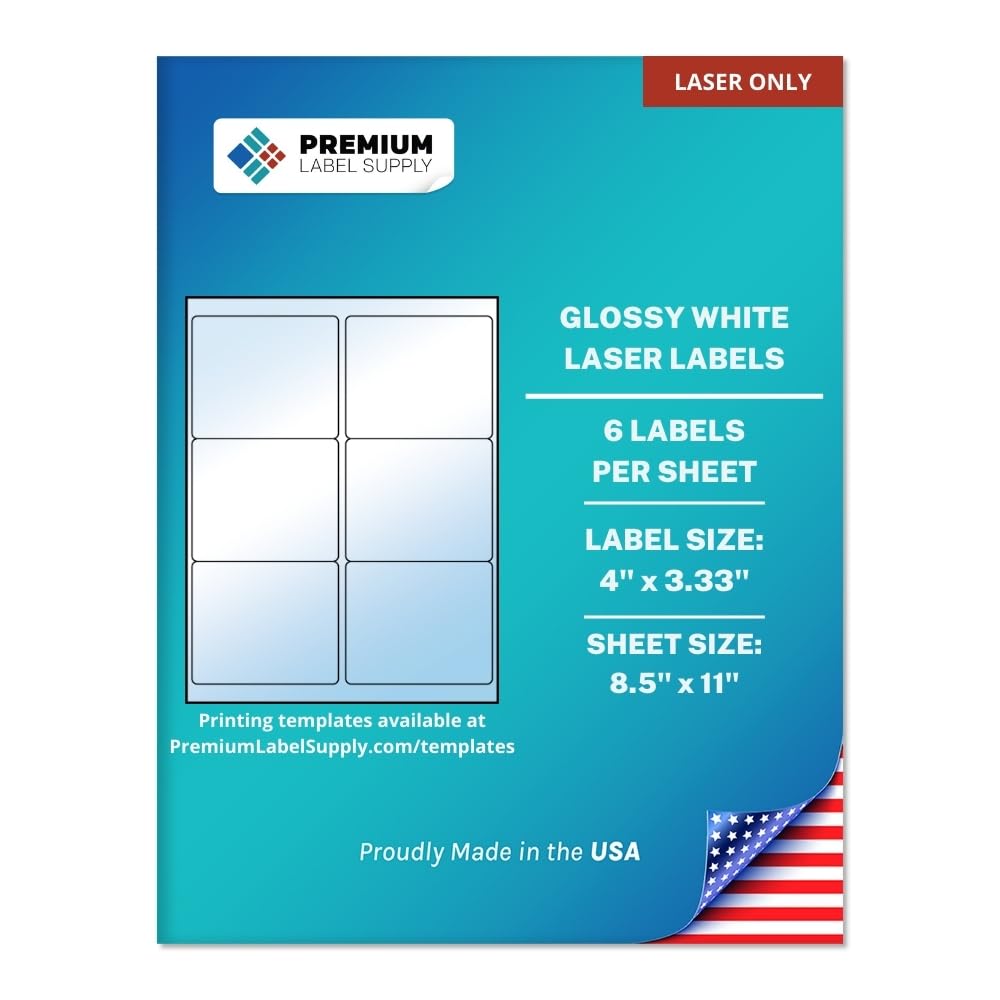 Premium Label Supply Etichette adesive bianche lucide – 10,2 x 8,5 cm – (6 per foglio) (bianco lucido solo per laser, 600 etichette)