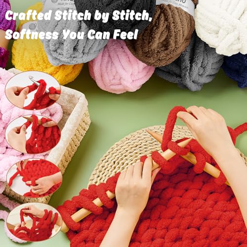 Image of Inhand Classic Red Chunky Chenille Yarn for Hand Knitting,Thick Bulky Mom Blanket Yarn for Crocheting,Soft Fluffy Yarn for Mother's Day Gifts and Crafts for Women /Grandma,8 Pack (29.5Yds /8.4oz Each)