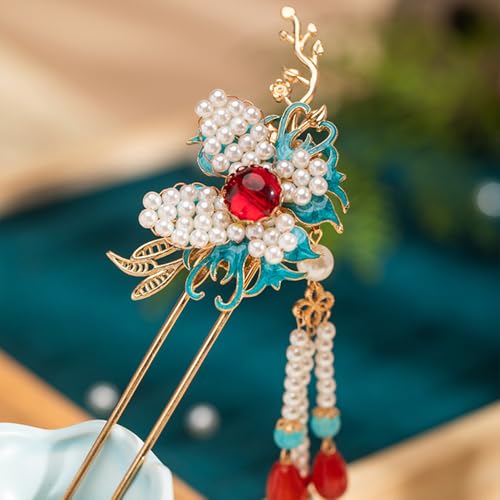 Pinza para cabello Burning Blue Branches con mariposa y borlas de perlas para Hanfu chino miniatura 1