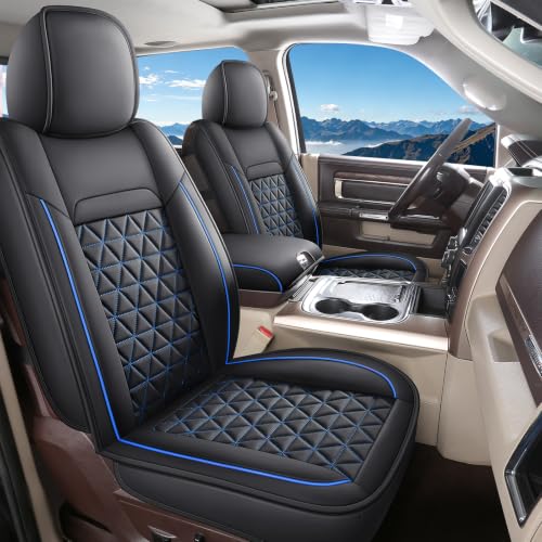 Image of Coverado Ram Seat Covers Full Set, Waterproof Ram 1500 Seat Cover Compatible with 2002-2026 Dodge RAM 1500 2500 3500 Crew Quad Cab with Curved Bench, Black&Blue line