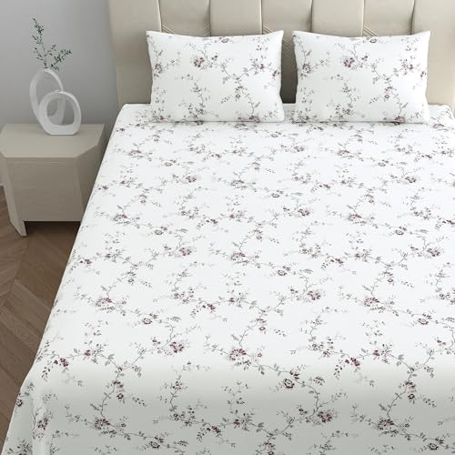 Image of LINENWALAS 100% Cotton Bed Sheet for Super King Size Bed, Floral Printed Bedsheet with 2 Pillow Covers | 210 TC Soft, Breathable, Luxury Bedsheet (Vineyard, 108 x 120 Inches), White