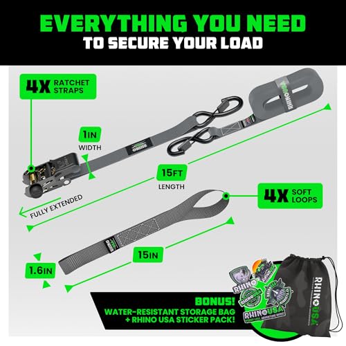 Image of Rhino USA Ratchet Straps Tie Downs (4-Pack) - 1 Inch x 15 Feet (1,823lb Break Strength) - Ultimate Tie Down Straps with Safety S Hooks - for Trucks, Cargo, Moving, Appliances - Grey