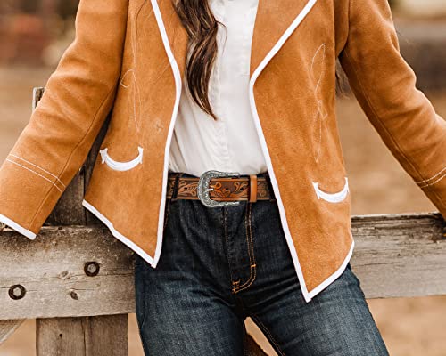 CR Western Belts for Women - 1.5" Leather Cowgirl Belt for Jeans Pant - Country Belts for Women with Big Vintage Buckle2