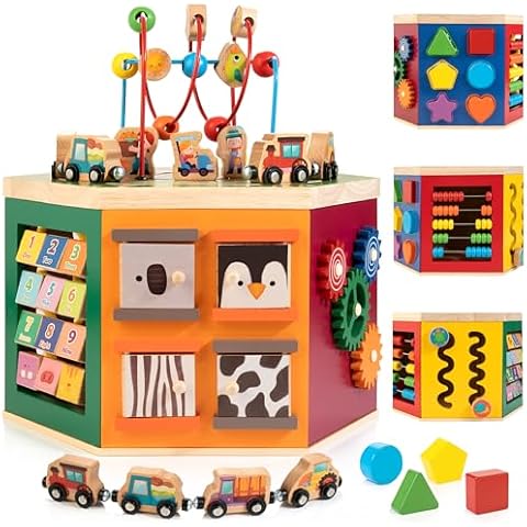 WOODMAM Large Activity Cube, 9-in-1 Farm-Themed Wooden Play Center, Multipurpose Montessori Toy for 1-2 Year Old Baby Toddler Kid, First Birthday Gift | Bonus Magnetic Train Cars Cover