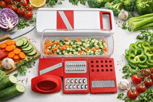 Image of Multifunctional 6 in 1 Vegetable Slicer, Mandoline Vegetable Chopper with Container, Red and White, Multi-Blade Slicer Dicer Grater Set, Kitchen Food Prep Tool