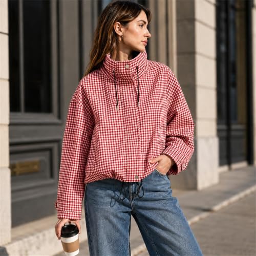 Women's Zipper Jackets Funnel Neck Gingham Pullover Cropped Jacket - image 5