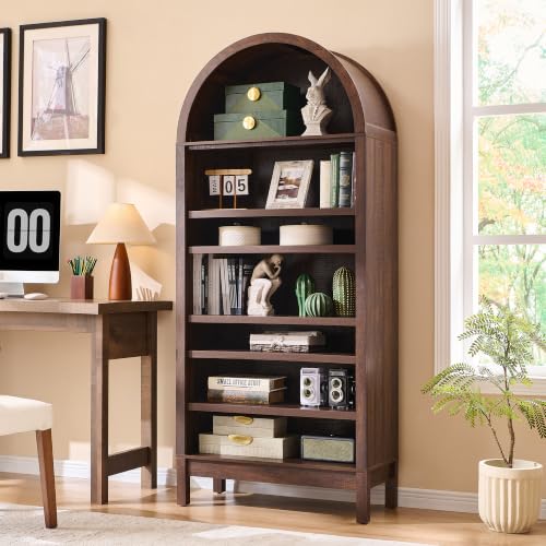 Image of IFBUY 71 inch Tall Arched Bathroom Storage Cabinet, 7-Tier Modern Farmhouse Storage Cabinet with Adjustable Shelves, Wood Freestanding Cabinet for Bathroom, Living Room, Entryway, Hallway-Brown