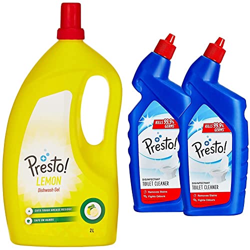 Image of Amazon Brand - Presto! Dish Wash Gel - 2 L (Lemon) & Amazon Brand - Presto! Toilet Cleaner - 1 L (Pack of 2)
