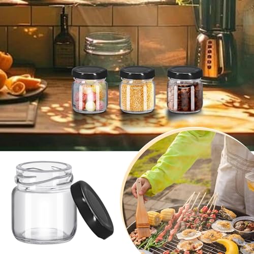Image of Glassbunny Round Mini Clear Honey Jars for Wedding Favor, Baby Shower, 33 Gram Small Glass Favor with Airtight Black Lids, Gift Jars, Sample Body Butter, Jam, 1 oz, Pack of 12