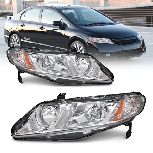 AXLAHA Headlights Assembly Compatible with 2006-2011 Honda Civic Sedan 4dr - Chrome Housing Amber Reflector - Headlamp Replacement for Civic 2006-2011 - Driver and Passenger Side Included