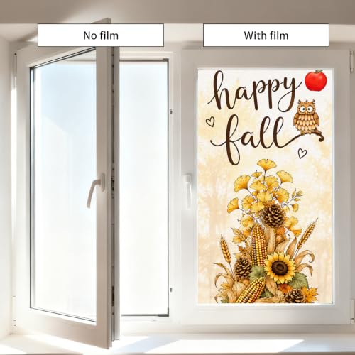 Image of Nuxovilar Fall Window Cling 17.7 x 39.4 in, White Frosted Harvest Owl | White frosted PVC helps obscure views for privacy, with an owl, sunflowers, corn and pinecones for classic harvest decor