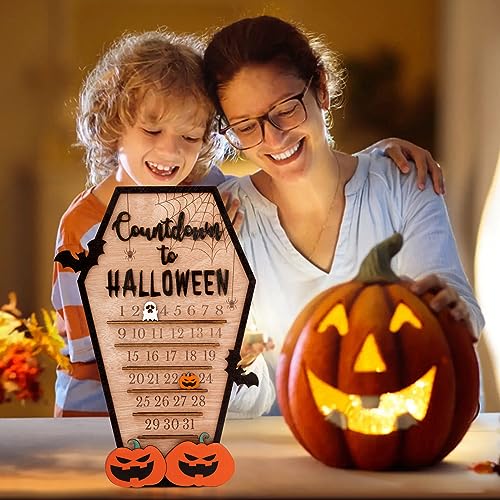 BOFUNX Halloween Adventskalender Halloween Deko mit Geist und Kürbis Beweglicher Holzblock Halloween Countdown Kalender aus Holz für Halloween Party Ornament