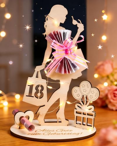 18. Geburtstag Mädchen Geldgeschenke Geburtstag Holz Mädchen Silhouette Geldgeschenk mit LED Lichterkette und Schleife - Alles Gute zum Geburtstag