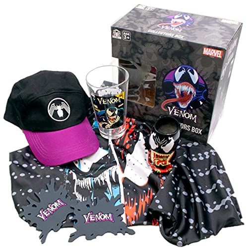 Venom Collector's Box includes: Coaster set, Pint Glass, Venom baseball cap, Venom Planter, Venom/Carnage Symbiote Bandana