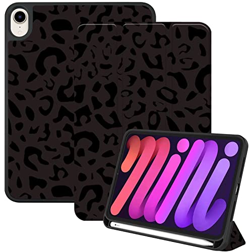 Deokke Compatible with iPad mini 7 Case(A17 Pro) 2024 iPad mini 6 Case 8.3 Inch 2021,Pencil Holder Soft Back Auto Sleep/Wake Cover Women Men Girls Cute-Black Leopard Cheetah