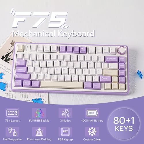 Image of EPOMAKER x Aula F75 Gasket Mechanical Keyboard, 75% Wireless Hot Swappable Gaming Keyboard with Five-Layer Padding&Knob, BT /2.4GHz /USB-C, RGB (Purple, LEOBOG Reaper Switch)