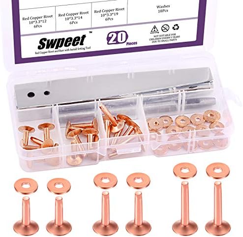 Swpeet 38Pcs 3 Sizes Copper Rivet and Burrs Assortment Kit, Including Stainless Steel Burr Setter and Copper Rivet Fastener Install Setting Tool for Belts Wallets Collars Leather DIY Craft Supplies