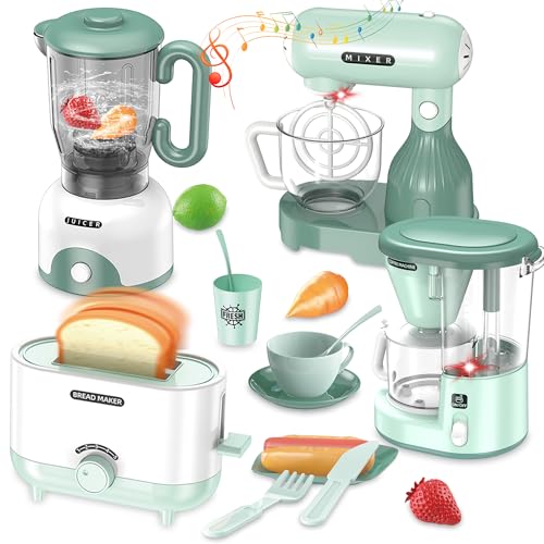 Image of Kids Play Kitchen Accessories, Pretend Play Kitchen Appliance Toy Set with Coffee Maker, Toaster, Blender, Mixer, Kitchen Toys with Light & Sound, Play Kitchen Sets for Kids Ages 3 4 5 6