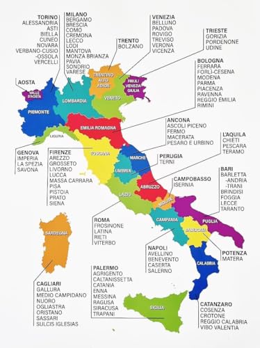 Decorazione da parete: Poster decorativo da parete con cartina dell'Italia che mostra regioni e province
