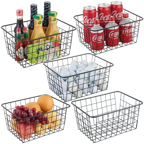 JUNCHU CHERRY Wire Kitchen Storage Basket 5 Packs,Perfect Pantry Organization Accessories Basket,Laundry,Countertop Organization,Suitable for Kitchen,Bathroom,Bedroom,Tabletop,Stackable,Black