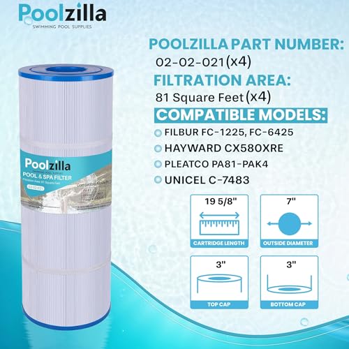 Poolzilla 4 Pack Pool Filter Cartridge Replacement for CX580XRE, Hayward C580E, PA81-PAK4, Unicel C-7483, Hayward SwimClear C3020, C3025, C3030, Filbur FC-1225, FC-6425, 81 Sq. Feet