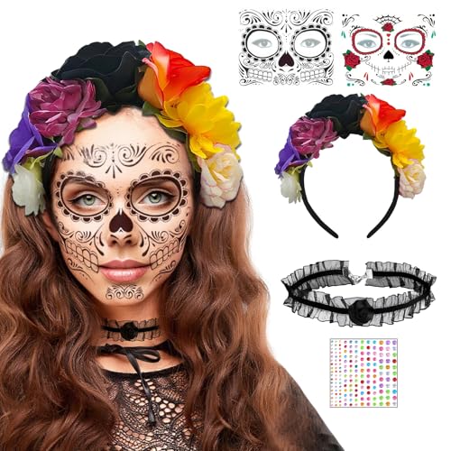 Lalieffacely Diadema flores mexicanas, diadema Halloween com tatuagem facial e colar de rosas pretas para disfarce maquilhagem acessórios Halloween mulher (Multi)
