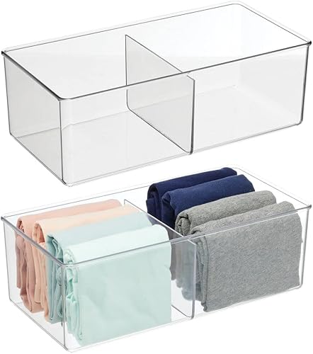 mDesign Organizador de plástico con 2 compartimentos divididos para cajones y clósets, organizador para bufandas, calcetines, brasieres y ropa
